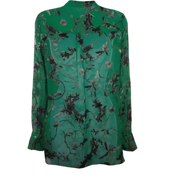 Alice & Olivia Burnout Velvet L-Sleeve Kelly Green/Grey Whimsy Sheer Blouse XS - Picture 3 of 13